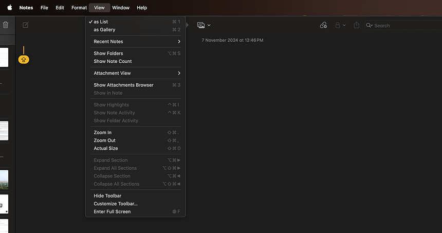 Attachments Browser in Notes for macOS