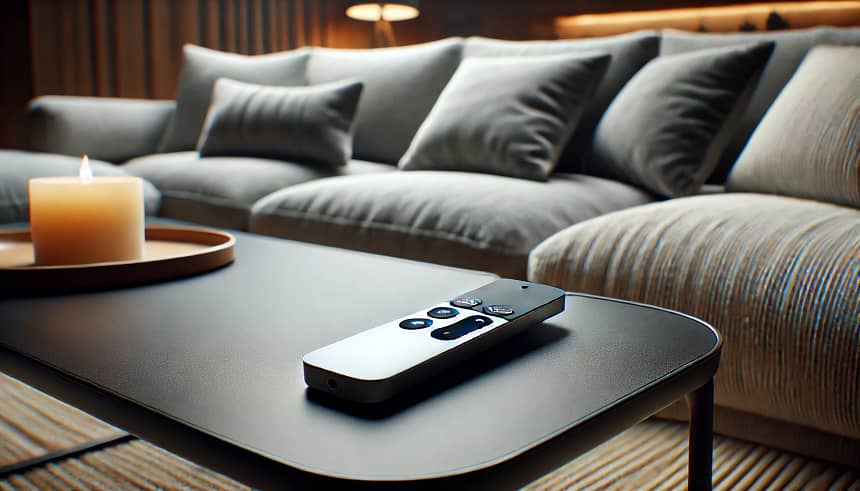 Apple TV remote lying on a modern coffee table in a cozy living room setting. The Apple TV remote is sleek an