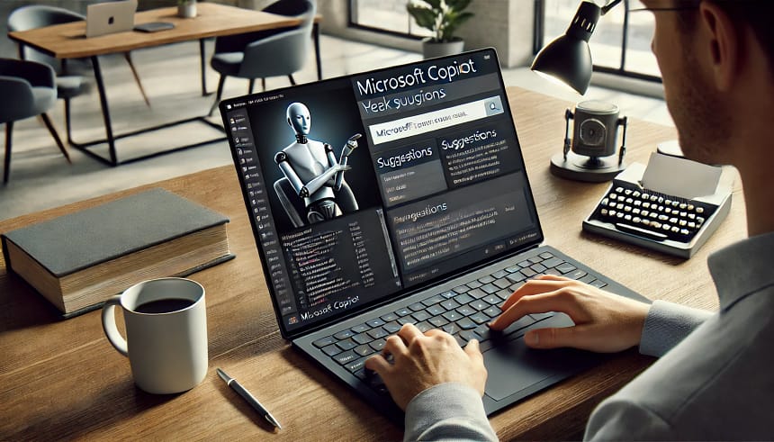 Microsoft Copilot on their laptop in a modern office setting. The screen shows Microsoft C